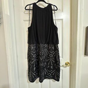 Vince Camuto Women's Sequined Sleeveless Halter Blouson Cocktail Dress 22W Black